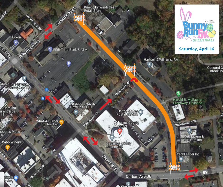 Detour Map for McCachern Blvd SE Closure on April 16, 2022